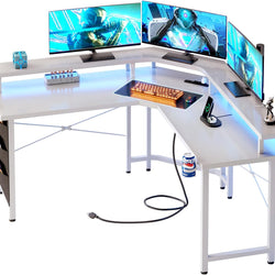 Dejan Reversible L-Shaped Gaming Desk with LED Strip, Power Outlets, Monitor Stand and Storage Bag – White