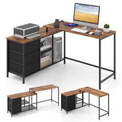 Casimir Convertible L-Shaped Desk with Charging Station – Rustic Brown & Black