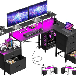 Alissia L Shaped Computer Desk with USB Ports, Power Outlets, LED Strip - Black