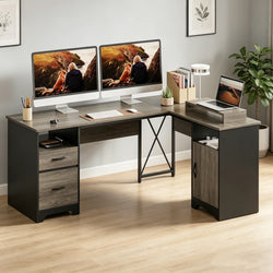 Faye Reversible L-Shaped Executive Desk with Monitor Riser – Grey