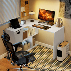 Freya Reversible L-Shaped Corner Desk with Fabric Drawer – White