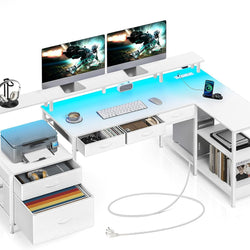 Apolis L Shaped Computer Desk with USB Ports, Power Outlets, LED Strip - White