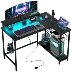 Maya Reversible L-Shaped Corner Gaming Desk with LED Lights – Black (107cm)