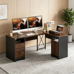 Faye Reversible L-Shaped Executive Desk with Monitor Riser – Cherry