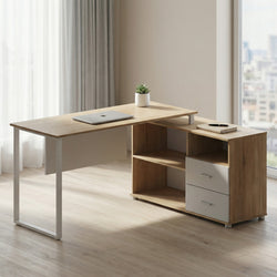 Odette Reversible L-Shaped Desk with Storage Cabinet – Beige