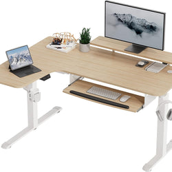 Kairos L-Shaped Electric Standing Desk with LED Strips - Maple Wood - Left