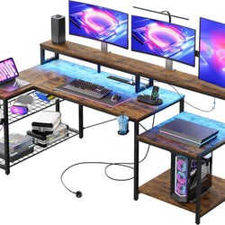 Draven Large L-Shaped Gaming Desk with RGB LED Lighting – Rustic Brown
