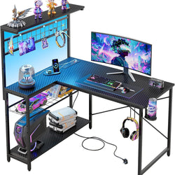Wren Reversible L-Shaped Gaming Desk with LED & Power Outlets – Black (106cm)