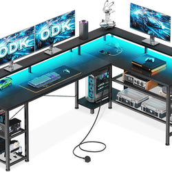 Oakley L-Shaped Corner Desk with LED Lights & Built-In Power - Black