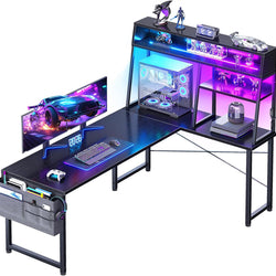 Sable Reversible L-Shaped Gaming Desk with LED & Display Shelves – Black (130cm)
