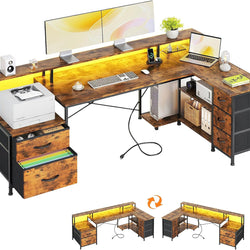 Stanley L-Shaped Reversible Gaming Desk with LED Lights - Vintage  Brown