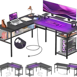 Torin Reversible L-Shaped Gaming Desk with Monitor Stand & LED Lighting – Carbon Black