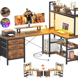 Rowan Reversible L-Shaped Gaming Desk with Hutch & LED Lighting – Rustic Brown