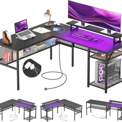 Torin Reversible L-Shaped Gaming Desk with Monitor Stand & LED Lighting – Black