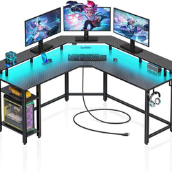 Skyla L-Shaped Corner Desk with LED Lights & Built-In Power - Carbon Black