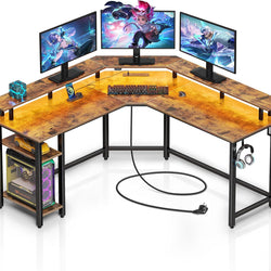 Skyla L-Shaped Corner Desk with LED Lights & Built-In Power - Rustic Brown