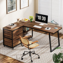 Bexley Reversible L-Shaped Corner Desk with 3 Drawers – Brown