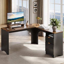 Callan L-Shaped Executive Desk with Monitor Stand – Rust/Black