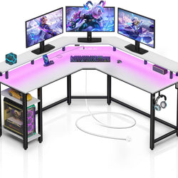 Skyla L-Shaped Corner Desk with LED Lights & Built-In Power - White