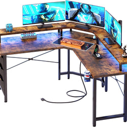 Brianna Reversible L-Shaped Computer Desk with Power Outlets, LED Strip & Monitor Stand – Brown