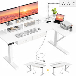 Claude L Shaped Electric Standing Desk with Power Outlets - White