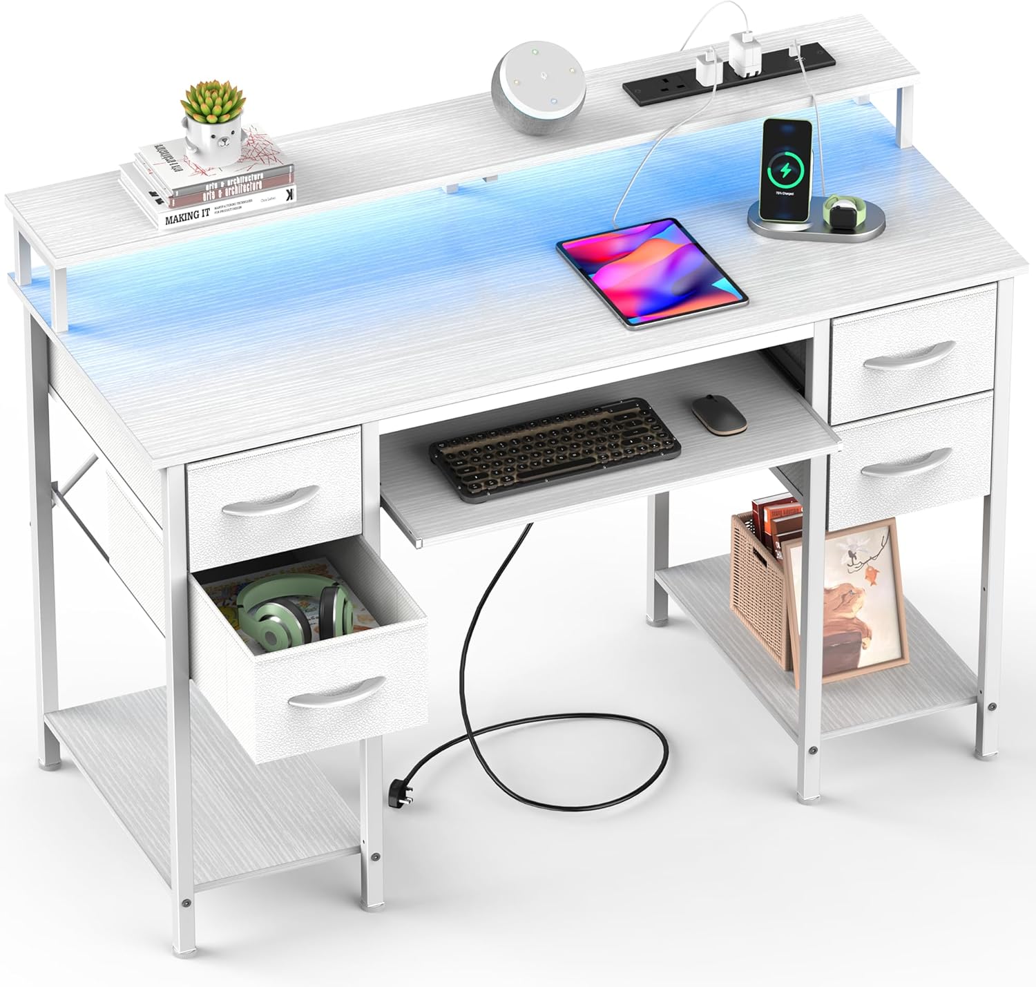 Usb Led For Riser Desk Nevolis LED Office Desk with USB & Monitor Riser - White - Corner Desks UK