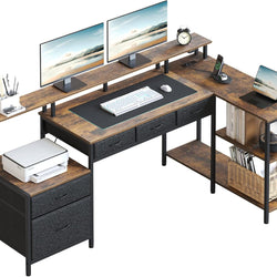 Apolis L Shaped Computer Desk with USB Ports, Power Outlets, LED Strip - Rustic Brown