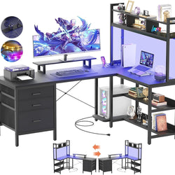 Rowan Reversible L-Shaped Gaming Desk with Hutch & LED Lighting – Black