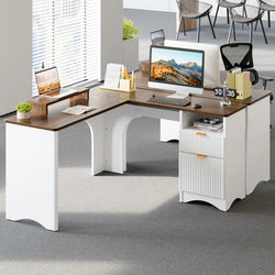 Callan L-Shaped Executive Desk with Monitor Stand – Walnut/White