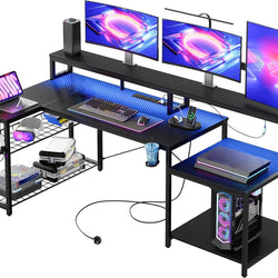 Draven Large L-Shaped Gaming Desk with RGB LED Lighting – Black Carbon Fiber