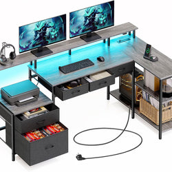 Apolis L Shaped Computer Desk with USB Ports, Power Outlets, LED Strip - Grey