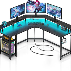 Skyla L-Shaped Corner Desk with LED Lights & Built-In Power - Black