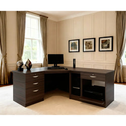Verity L-Shaped Home Office Desk with Drawer Pedestals – Black Havana