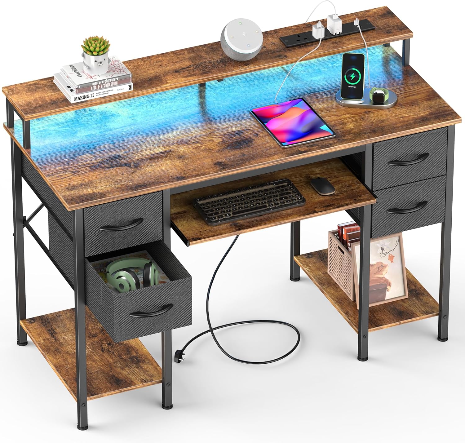 Usb Led For Riser Desk Nevolis LED Office Desk with USB & Monitor Riser - Rustic Brown ...