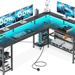 Oakley L-Shaped Corner Desk with LED Lights & Built-In Power - Carbon Fiber Black