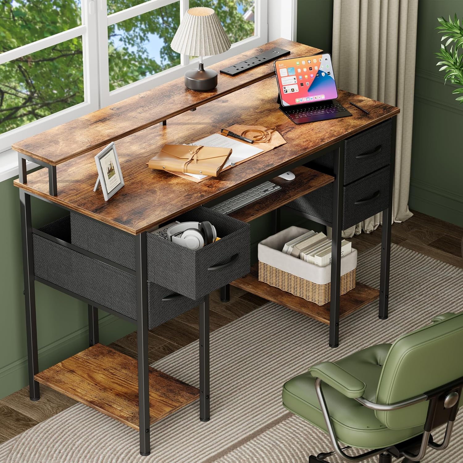 Usb Led For Riser Desk Nevolis LED Office Desk with USB & Monitor Riser - Rustic Brown ...