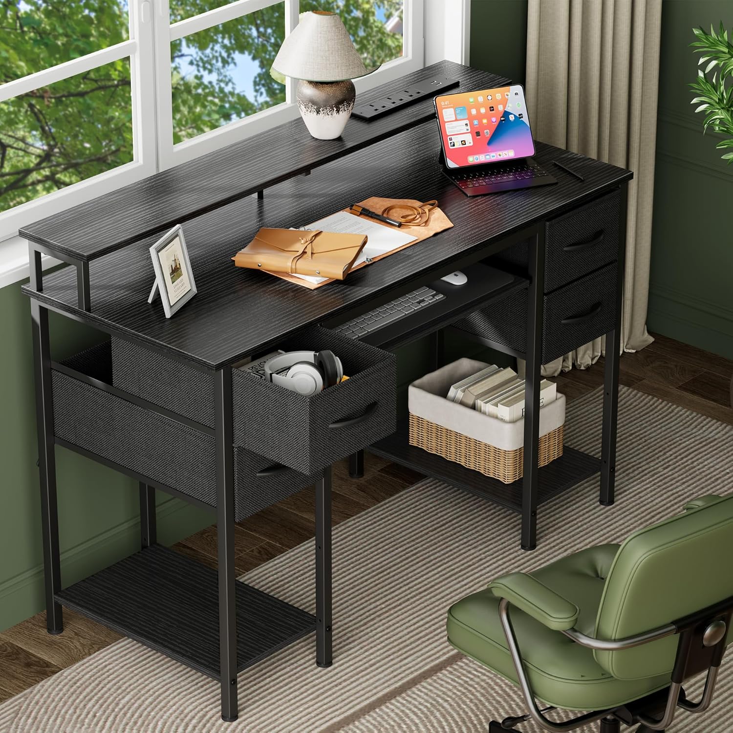 Usb Led For Riser Desk Nevolis LED Office Desk with USB & Monitor Riser - Black - Corner Desks UK
