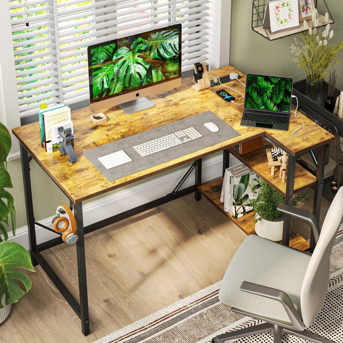 Comp Cat Desk Trenton Compact Work Desk with Charging Ports – Rustic Oak - Corner ...