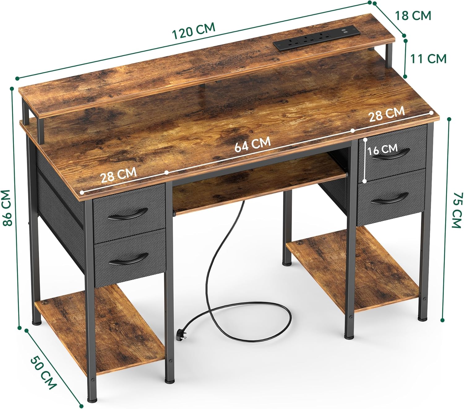 Usb Led For Riser Desk Nevolis LED Office Desk with USB & Monitor Riser - Rustic Brown ...