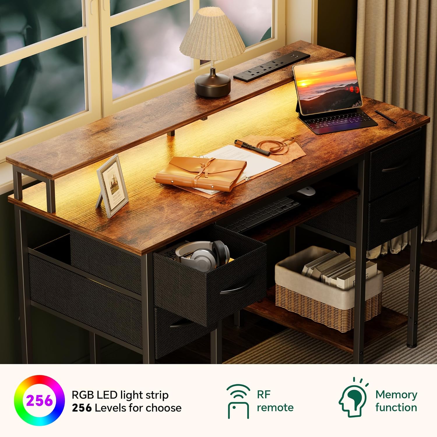 Usb Led For Riser Desk Nevolis LED Office Desk with USB & Monitor Riser - Rustic Brown ...