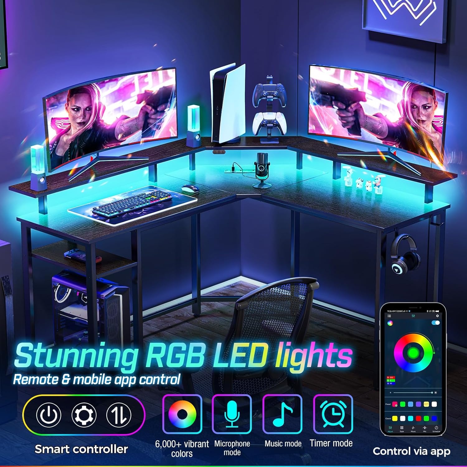 Led Desk Design Skyla L-Shaped Corner Desk with LED Lights & Built-In Power - Black ...