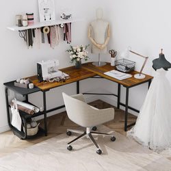 Zephyra L-Shaped Workstation Desk - Teak & Black