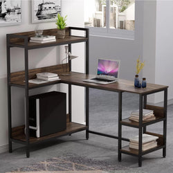 Reich L-Shaped Home Office Desk with Shelves - Rustic Brown