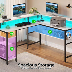 Yolandi L-Shaped Corner Desk, Gaming Desk with LED Lights & Power Outlets - White