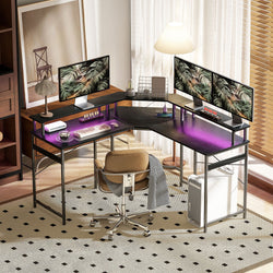 Cosmos Corner Desk with LED Lights & Built-In Power - Black