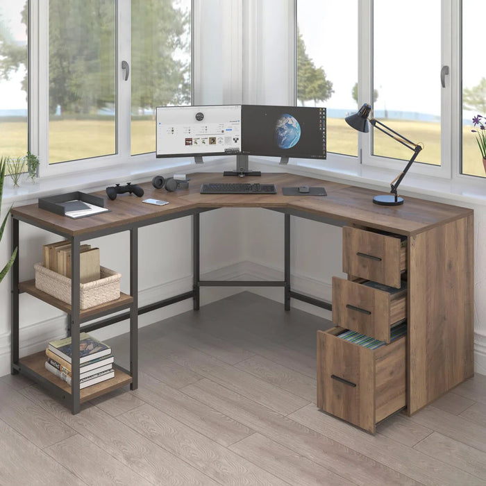 Travis L-Shaped Executive Desk - Rustic Brown - Corner Desks UK