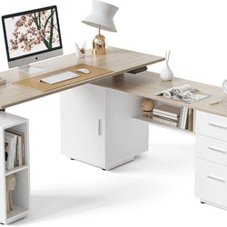 Amor L-shaped Electric Height Adjustable Desk - White/Oak