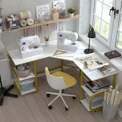 Tasha Round Corner L-Shaped Desk - White/Gold