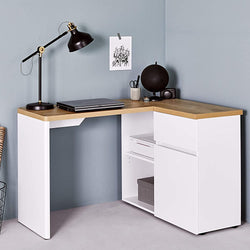 Fokje L-Shaped Corner Desk for Home Office - Light Brown & White