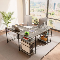 QLLY L Shaped Office Desk with 4 Open Storage Shelves and 2 Small QLLY L Shaped Office Desk with 4 Open Storage Shelves and 2 Small